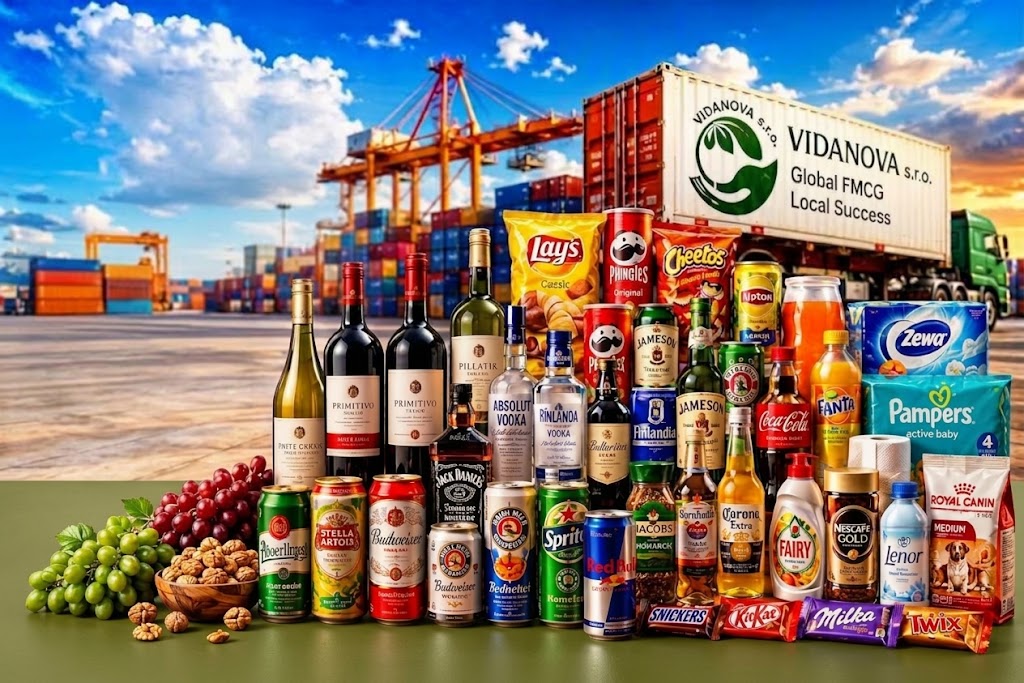 Produkty FMCG před nákladním kontejnerem VIDANOVA v přístavu.